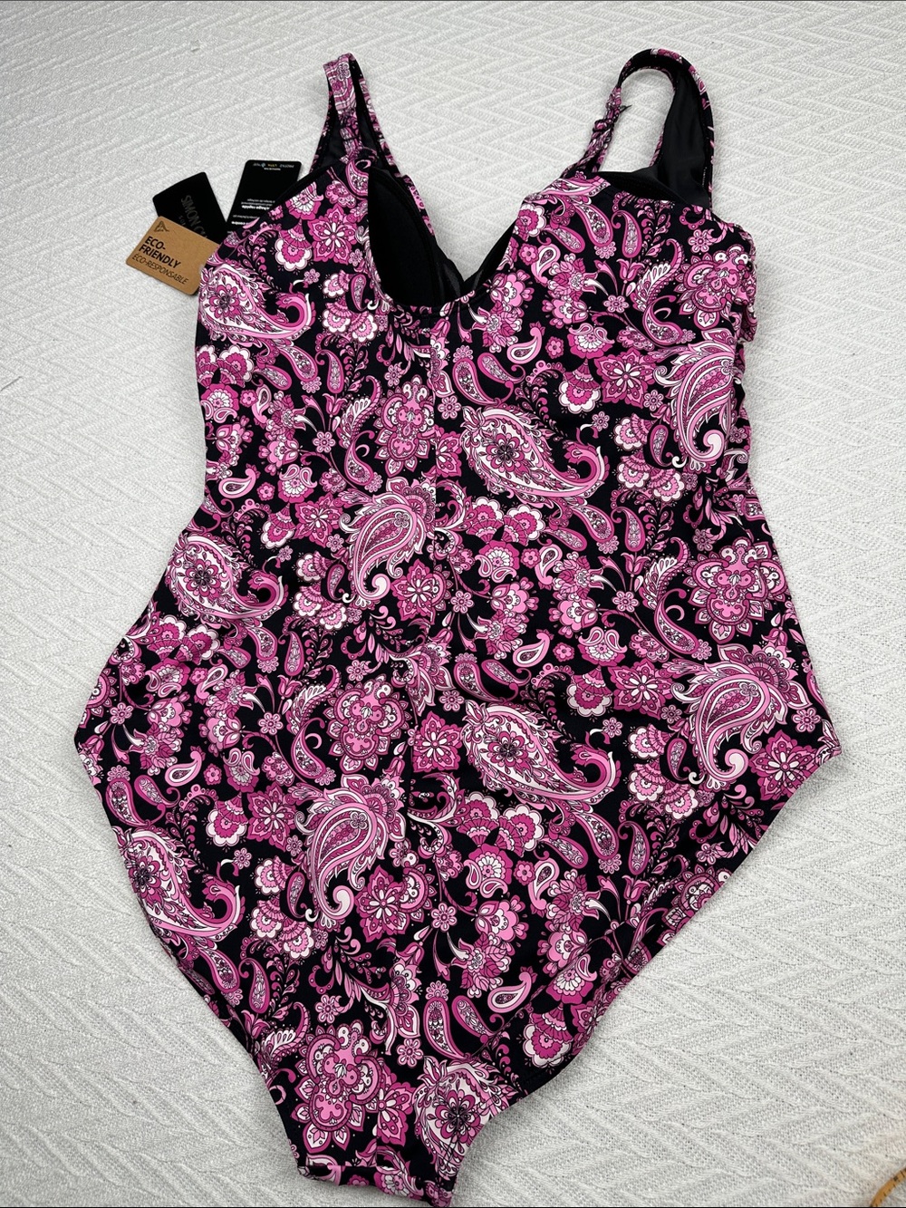 Simon Chang Black and Pink Paisley One-Piece Swimsuit - Picture 7 of 16